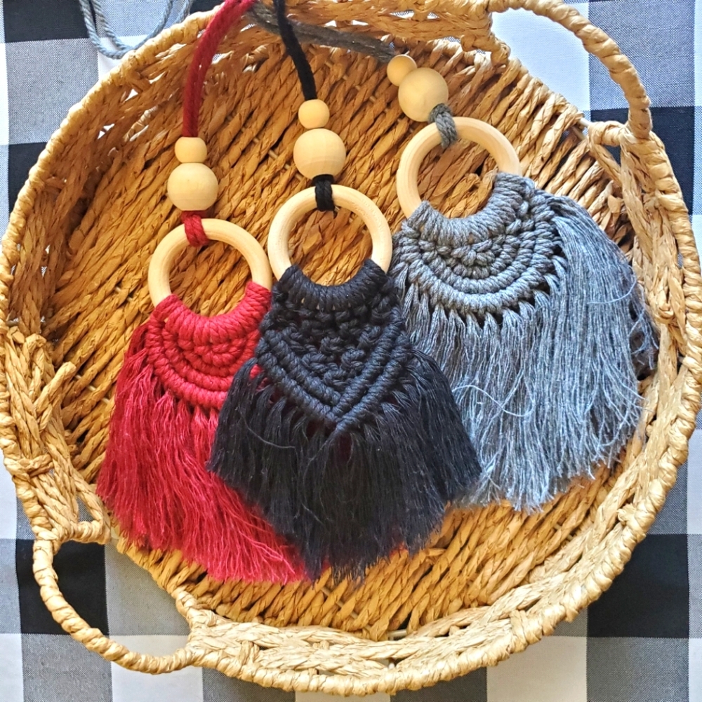 Macrame Boho Car Charm/Essential Oil Diffuser Handmade Gray - Picture 5 of 6